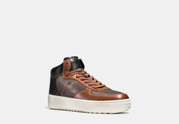 COACH®,PATCHWORK C210 HIGH TOP SNEAKER,Leather,Mahogany/Dk Saddle/Black,Front View