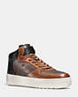COACH®,PATCHWORK C210 HIGH TOP SNEAKER,Leather,Mahogany/Dk Saddle/Black,Front View