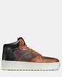 COACH®,PATCHWORK C210 HIGH TOP SNEAKER,Leather,Mahogany/Dk Saddle/Black,Angle View