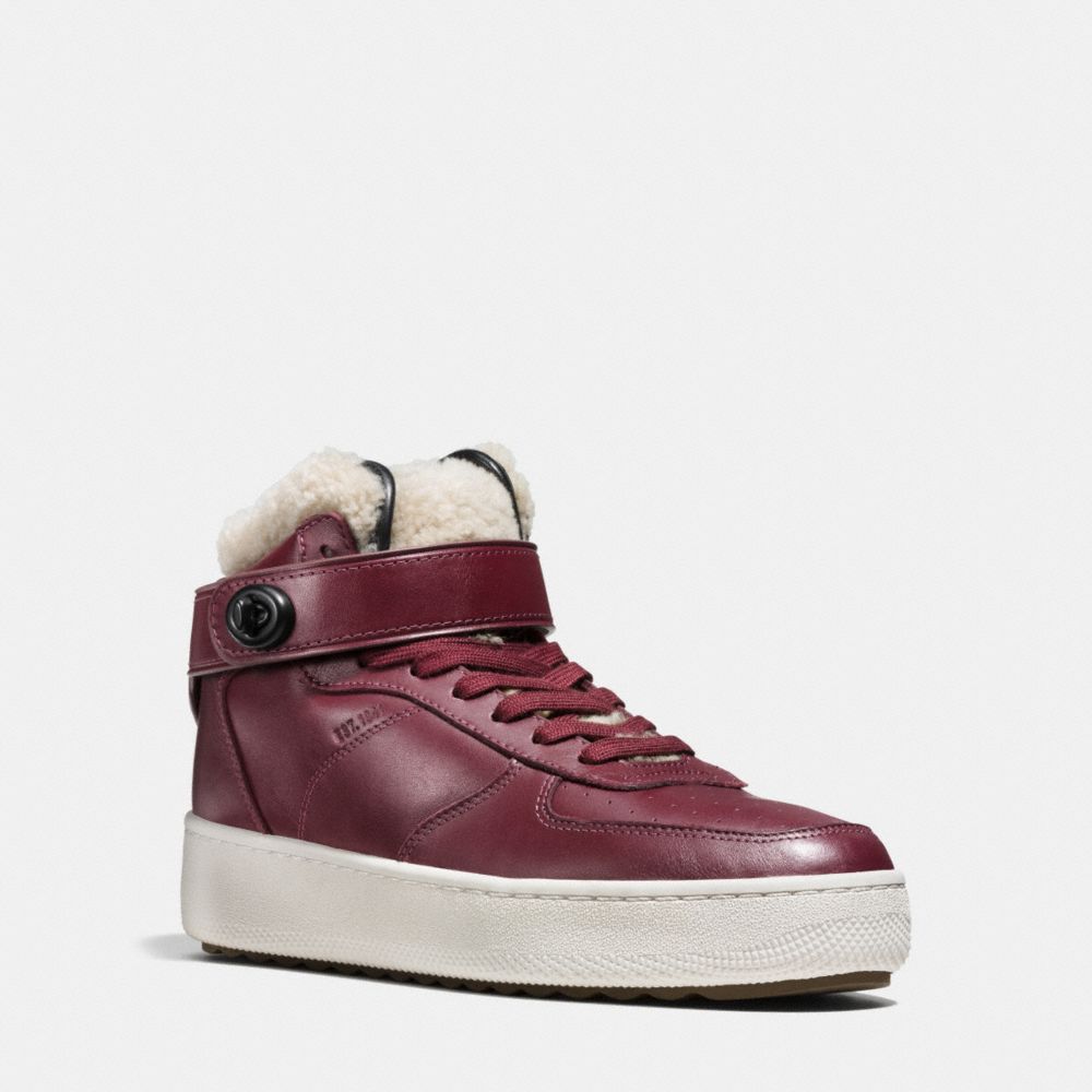 COACH®,SHEARLING TURNLOCK C210 HIGH TOP SNEAKER,Leather,Burgundy,Front View