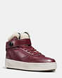 COACH®,SHEARLING TURNLOCK C210 HIGH TOP SNEAKER,Leather,Burgundy,Front View