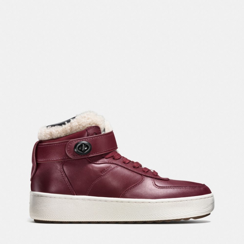 COACH®,SHEARLING TURNLOCK C210 HIGH TOP SNEAKER,Leather,Burgundy,Angle View