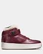 COACH®,SHEARLING TURNLOCK C210 HIGH TOP SNEAKER,Leather,Burgundy,Angle View