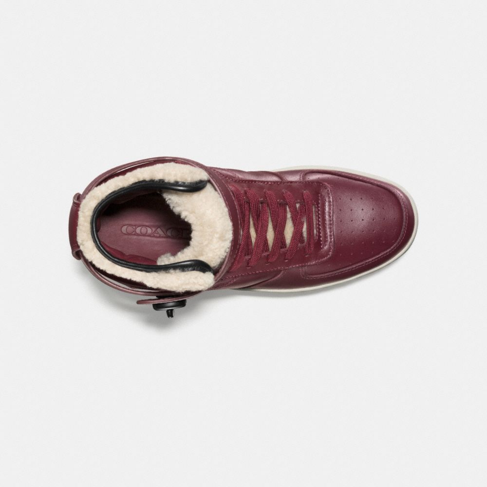 COACH®,SHEARLING TURNLOCK C210 HIGH TOP SNEAKER,Leather,Burgundy,Inside View,Top View