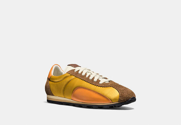 COACH®,C122 LOW TOP SNEAKER,Mixed Material,Camel/Burnt Orange,Front View