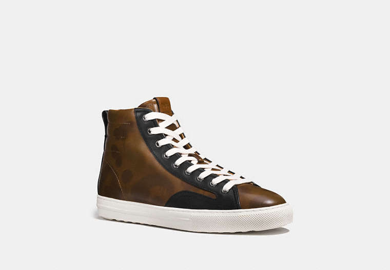 COACH®,C227 HIGH TOP SNEAKER WITH CAMO PRINT,Leather,Saddle Wild Beast/Black,Front View