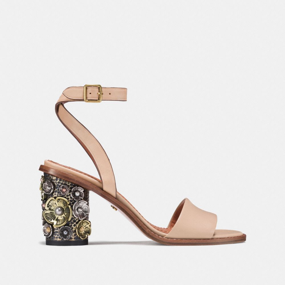COACH®,MID HEEL SANDAL WITH TEA ROSE,Leather,Beechwood,Angle View