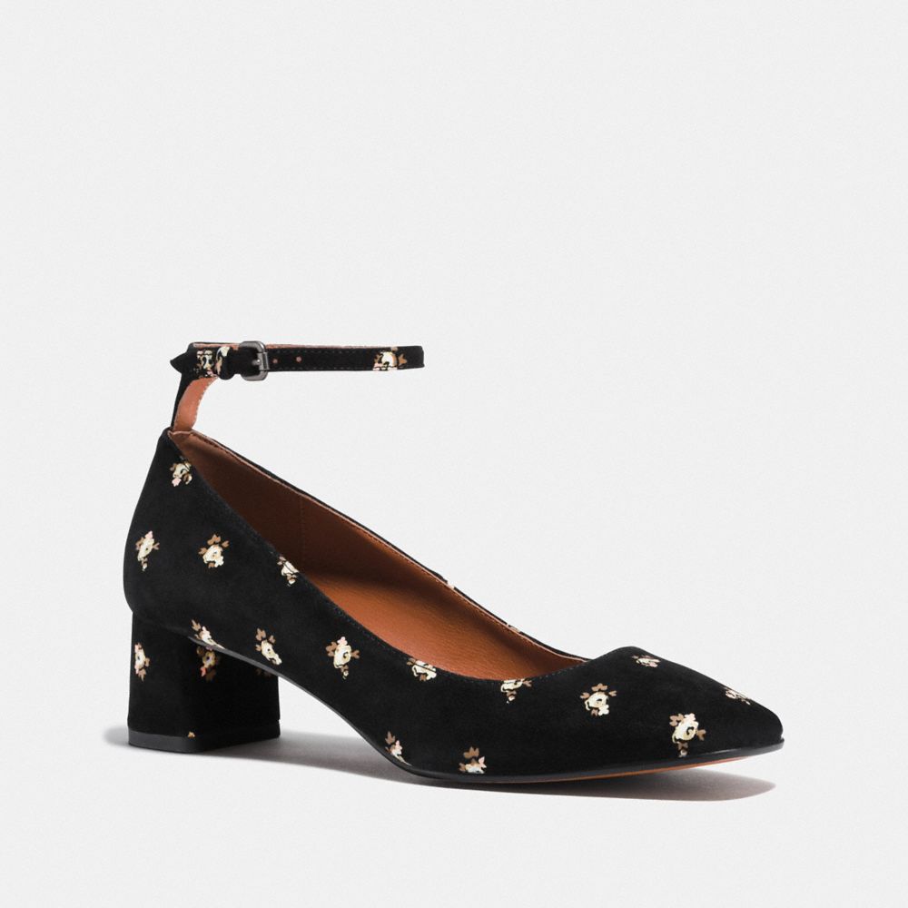 COACH®,ANKLE STRAP PUMP WITH PRAIRIE PRINT,Suede,Black,Front View