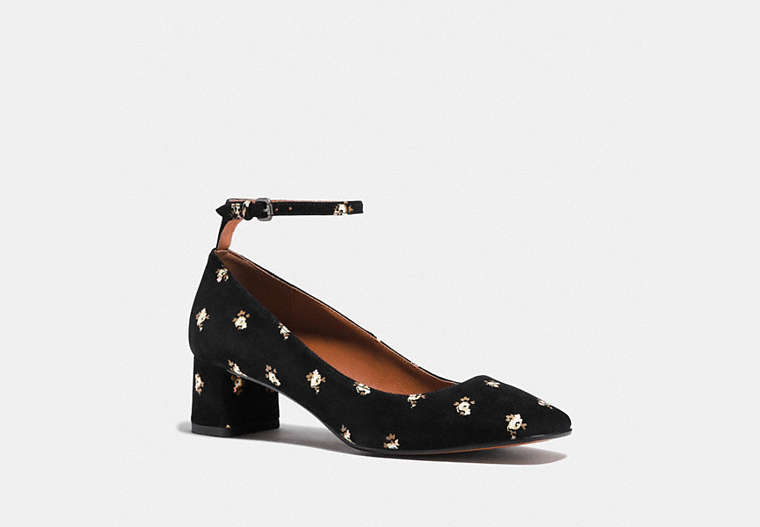 COACH®,ANKLE STRAP PUMP WITH PRAIRIE PRINT,Suede,Black,Front View