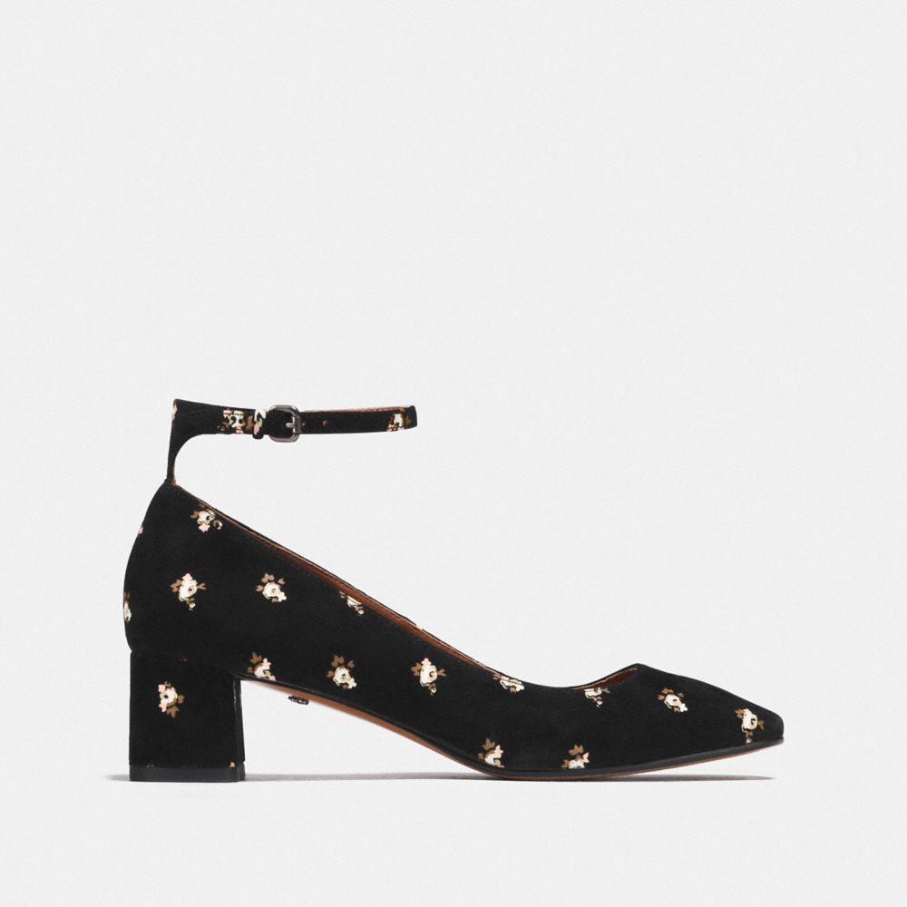 COACH®,ANKLE STRAP PUMP WITH PRAIRIE PRINT,Suede,Black,Angle View