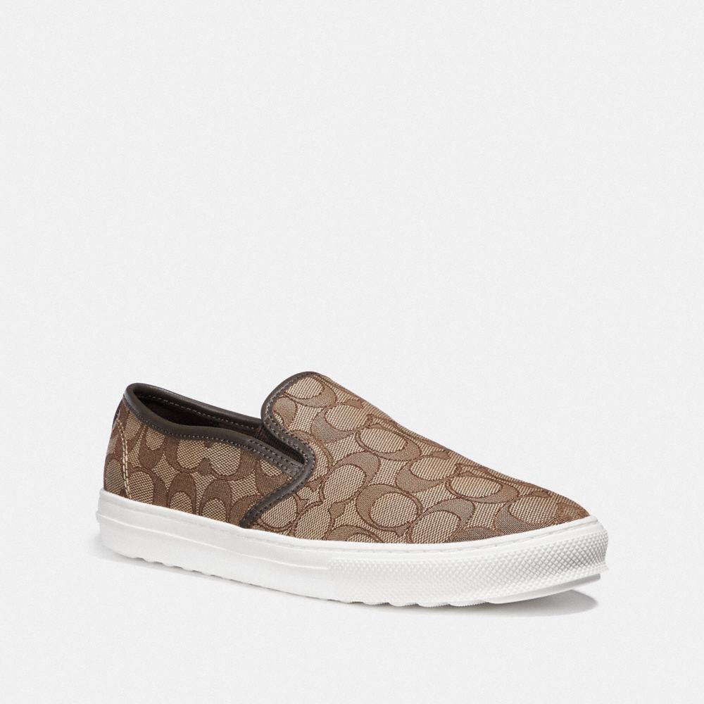 COACH®,C115 SLIP ON,fabricsignaturec,KHAKI/CHESTNUT,Front View