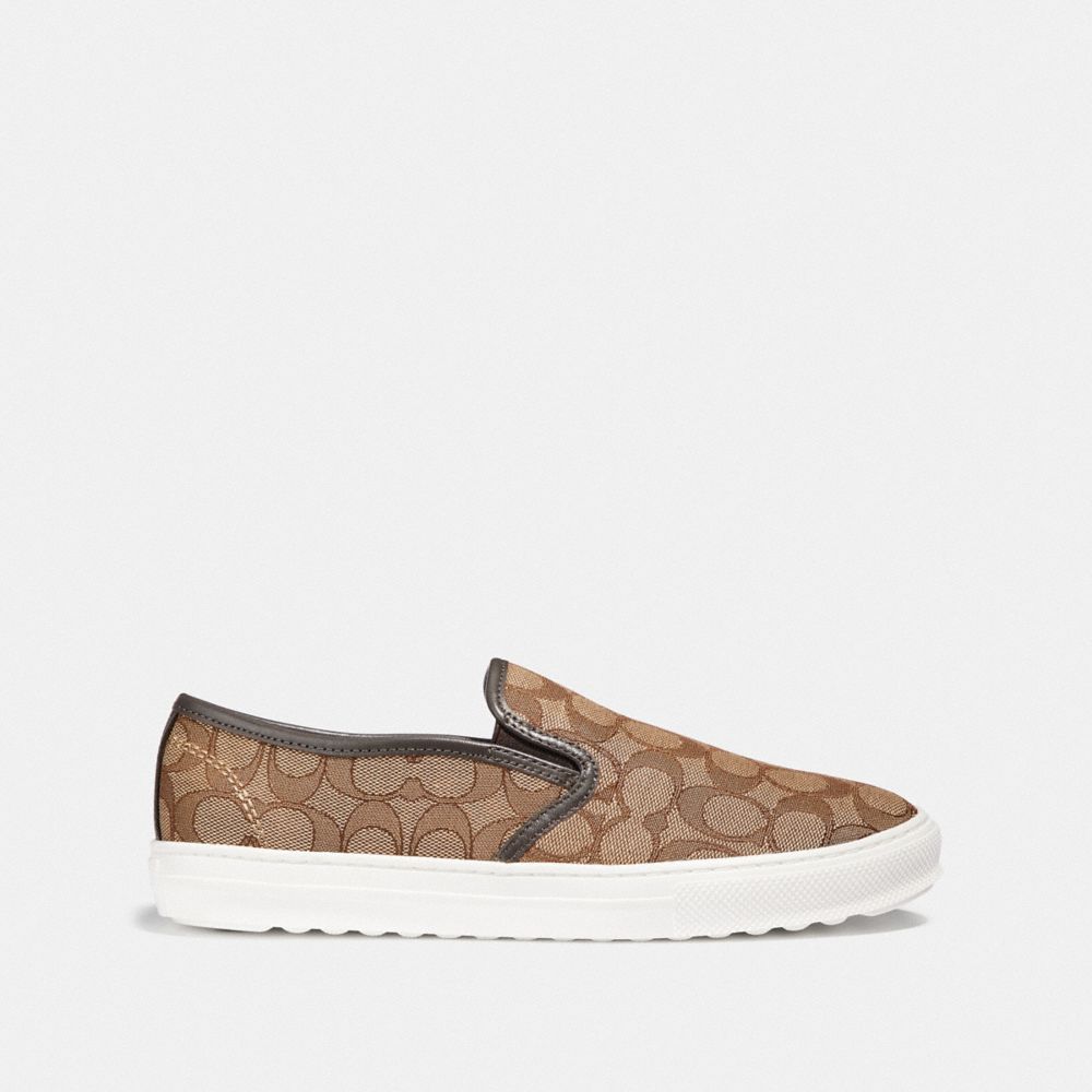 COACH®,C115 SLIP ON,fabricsignaturec,KHAKI/CHESTNUT,Angle View