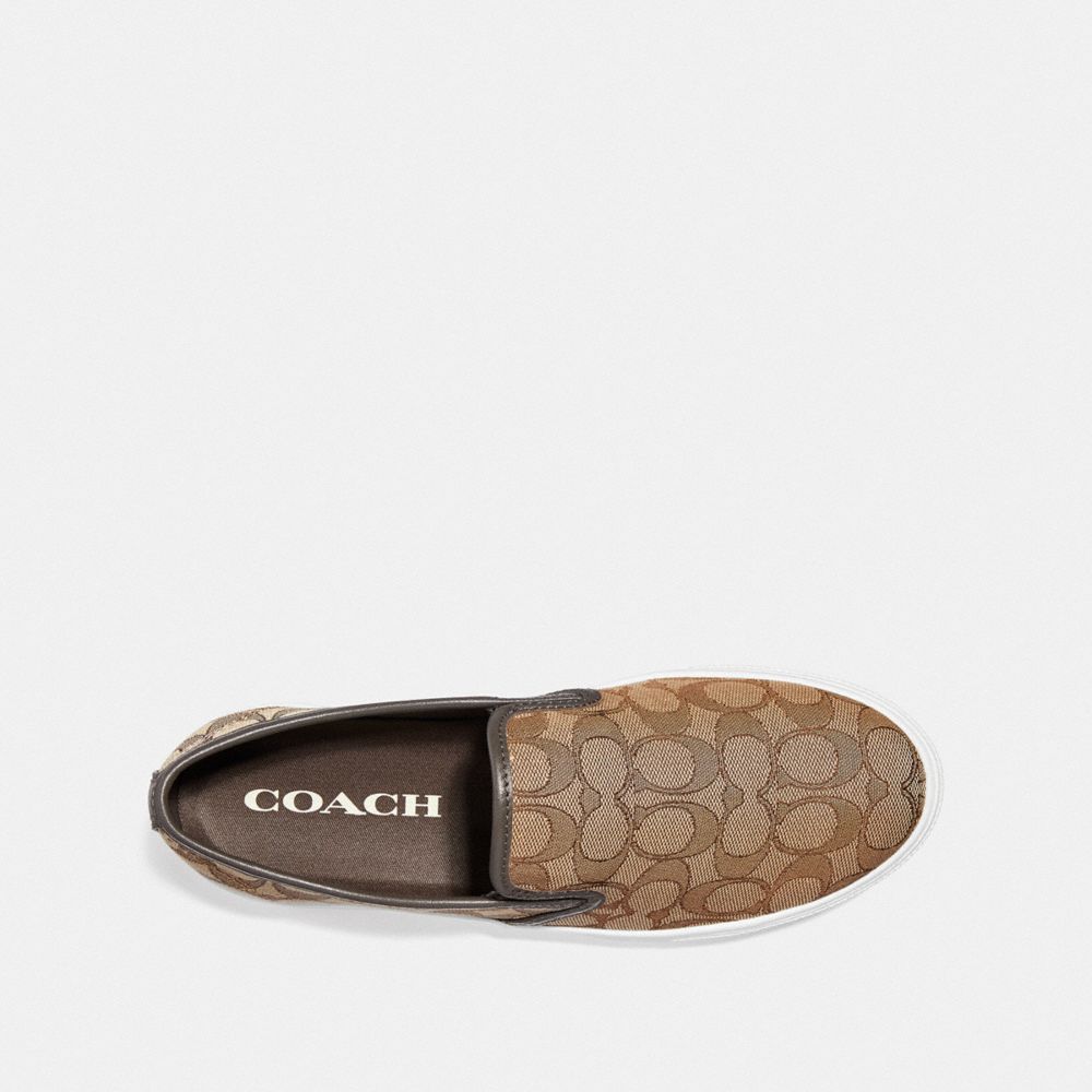 COACH®,C115 SLIP ON,fabricsignaturec,KHAKI/CHESTNUT,Inside View,Top View