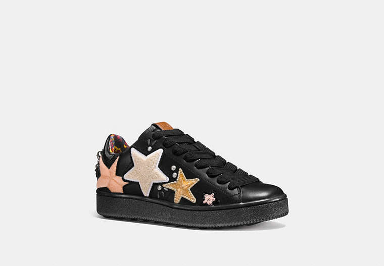 COACH®,C101 LOW TOP SNEAKER WITH STAR PATCHES,Leather,Black,Front View