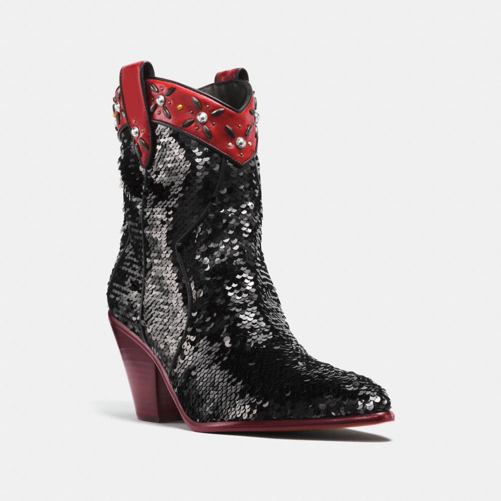COACH®,WESTERN BOOTIE WITH SEQUINS,Leather,Black/Wine,Front View