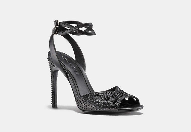 COACH®,HEEL SANDAL WITH PRAIRIE RIVETS,Leather,Black,Front View