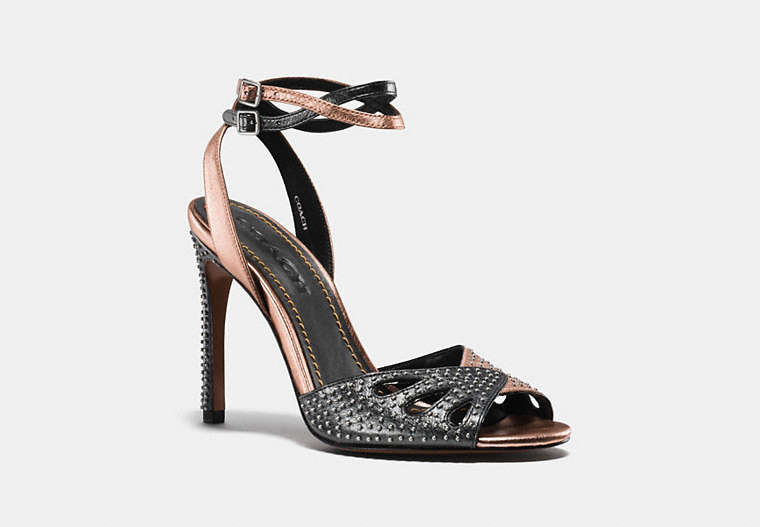 COACH®,HEEL SANDAL WITH PRAIRIE RIVETS,Leather,ROSEGOLD/GUNMETAL,Front View