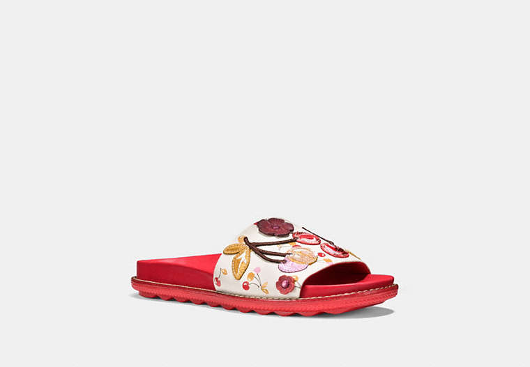 COACH®,SPORT SLIDE WITH CHERRY PATCHES,Leather,Ivory/Red,Front View