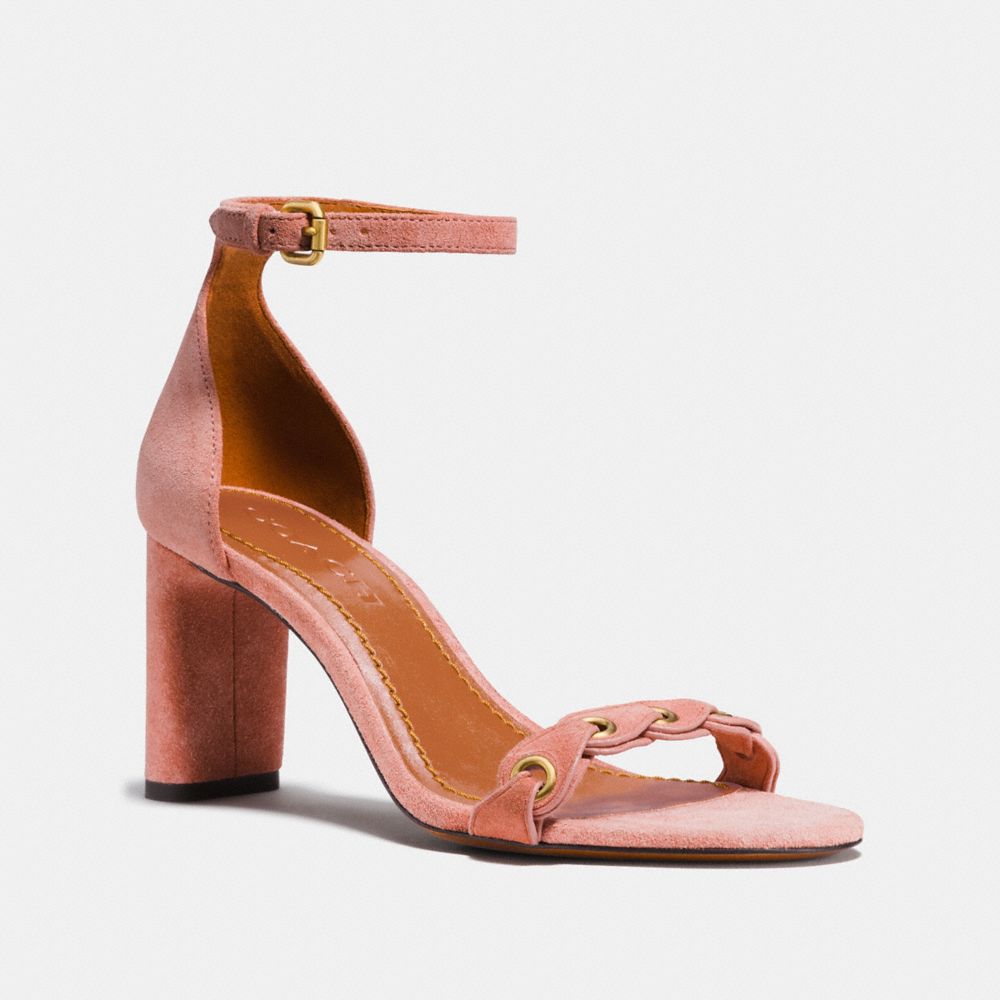 COACH®,HEEL SANDAL WITH COACH LINK,Suede,PEONY,Front View