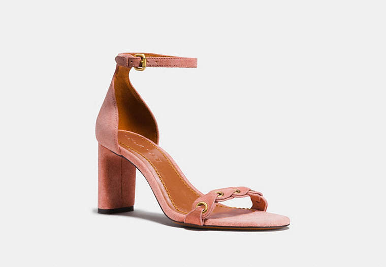 COACH®,HEEL SANDAL WITH COACH LINK,Suede,PEONY,Front View