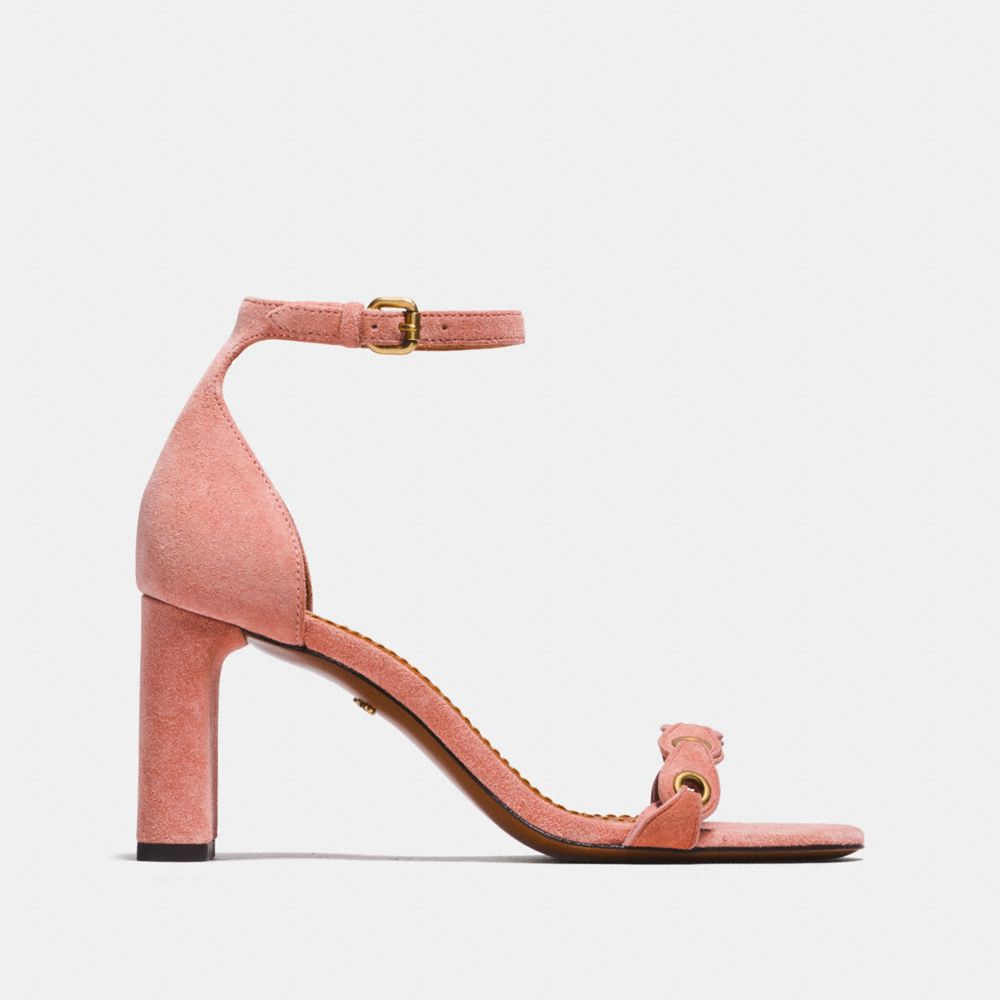 COACH®,HEEL SANDAL WITH COACH LINK,Suede,PEONY,Angle View