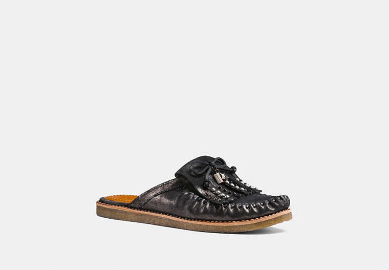 COACH®,ROCCASIN SLIDE,Suede,ANTHRACITE,Front View