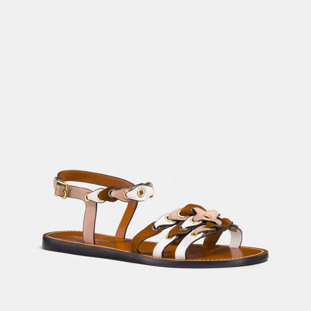 COACH®,SANDAL WITH COACH LINK,mixedmaterial,Beechwood/Saddle/Chalk,Front View