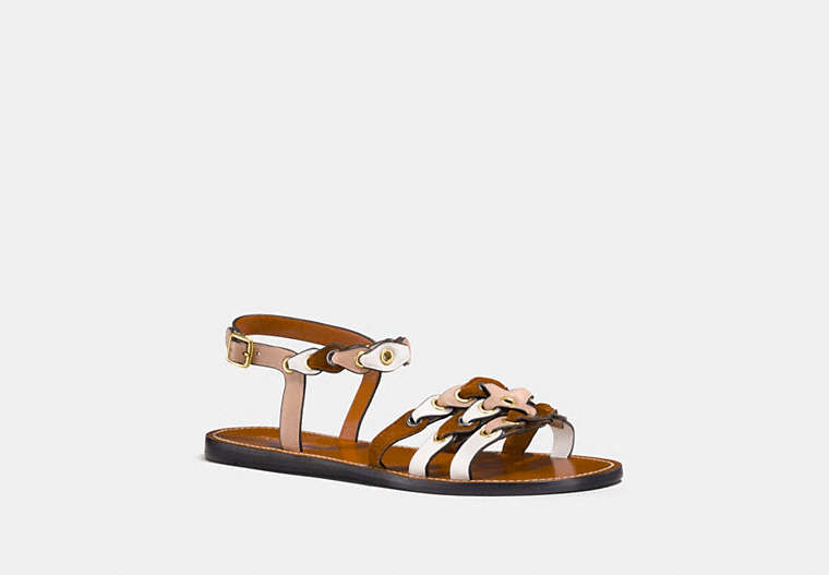 COACH®,SANDAL WITH COACH LINK,mixedmaterial,Beechwood/Saddle/Chalk,Front View