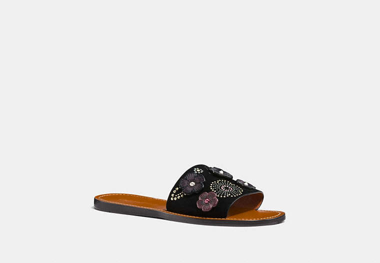 COACH®,SLIDE WITH TEA ROSE RIVETS,Suede,Black,Front View
