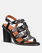 COACH®,MID HEEL SANDAL WITH COACH LINK,mixedmaterial,Black/Black White/Gunmetal,Front View