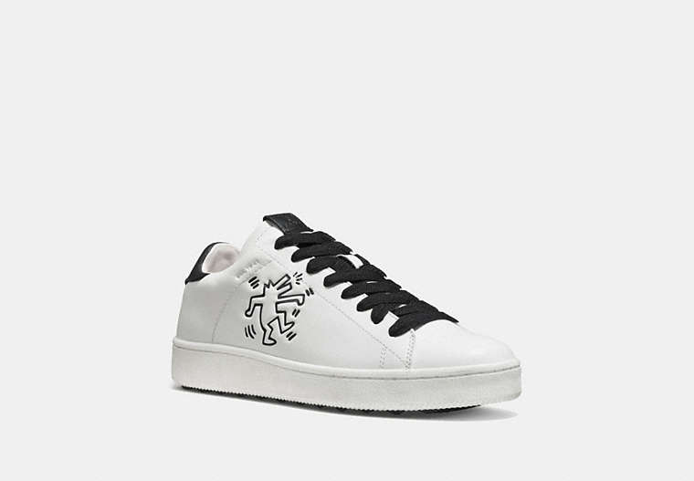 COACH®,COACH X KEITH HARING C101 LOW TOP SNEAKER,Leather,White/Black,Front View