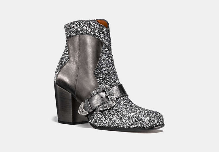 COACH®,WESTERN BUCKLE BOOTIE,Mixed Material,GUNMETAL/GUNMETAL,Front View