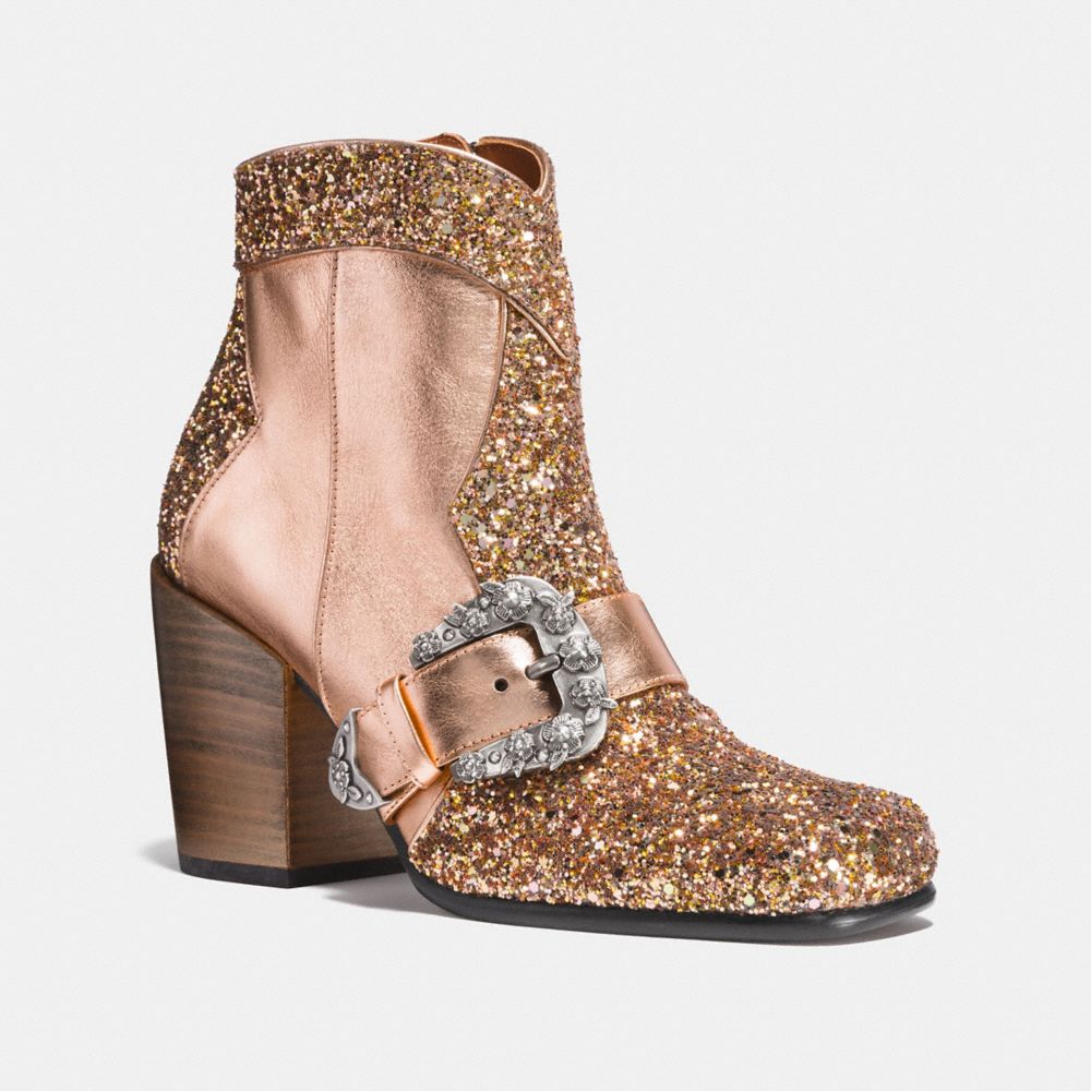 COACH®,WESTERN BUCKLE BOOTIE,Mixed Material,Rose Gold/Rose Gold,Front View