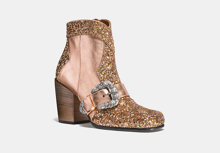 COACH®,WESTERN BUCKLE BOOTIE,Mixed Material,Rose Gold/Rose Gold,Front View