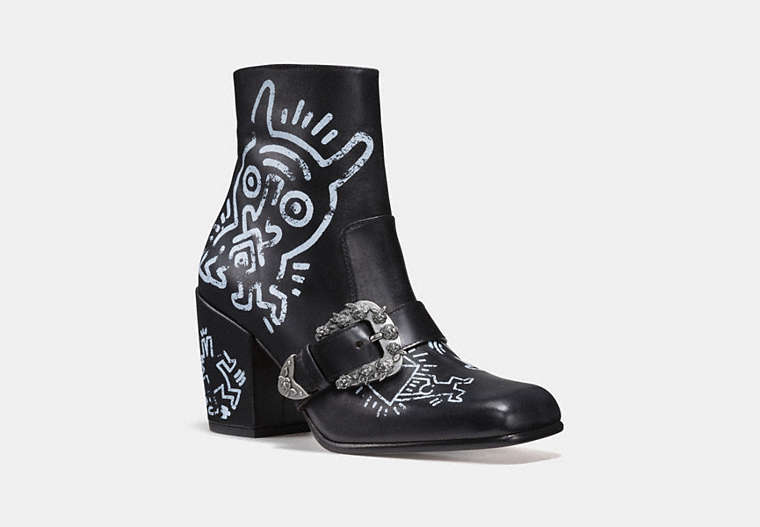 COACH®,COACH X KEITH HARING WESTERN MOTO BOOTIE,Leather,Black,Front View
