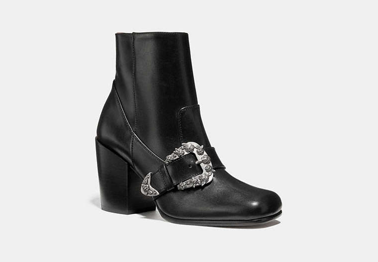 COACH®,WESTERN BUCKLE BOOTIE,Mixed Material,Black,Front View