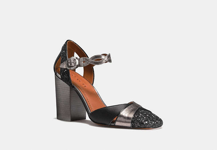 COACH®,ANKLE STRAP PUMP,Mixed Material,Black/Gunmetal,Front View