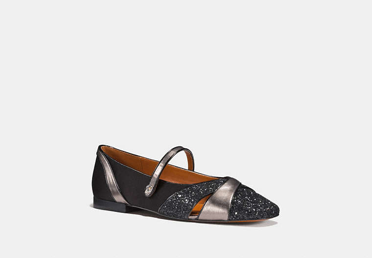 COACH®,MARY JANE FLAT,Mixed Material,Black/Gunmetal,Front View image number 0