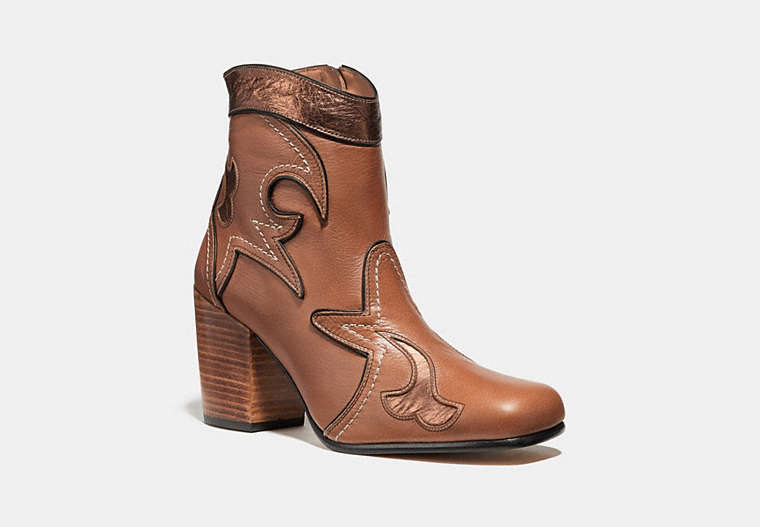 COACH®,WESTERN BOOTIE WITH BURNISH,Leather,Saddle/Bronze,Front View