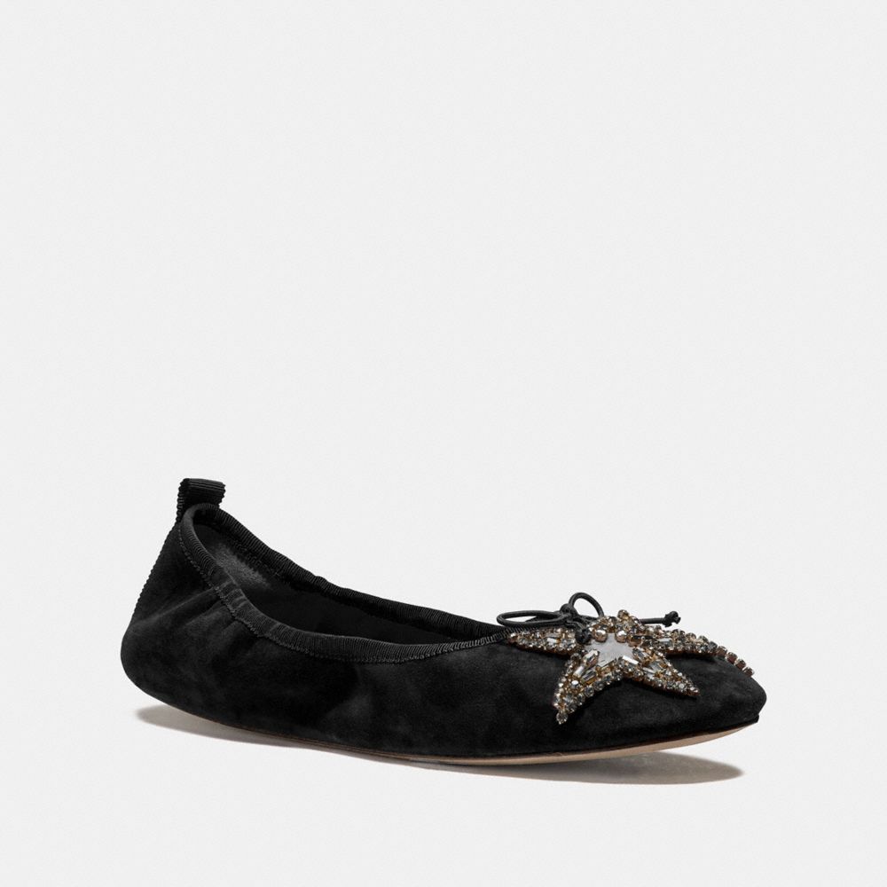 COACH®,MARGOT BALLET WITH CRYSTAL STAR PATCH,Suede,Black,Front View image number 0