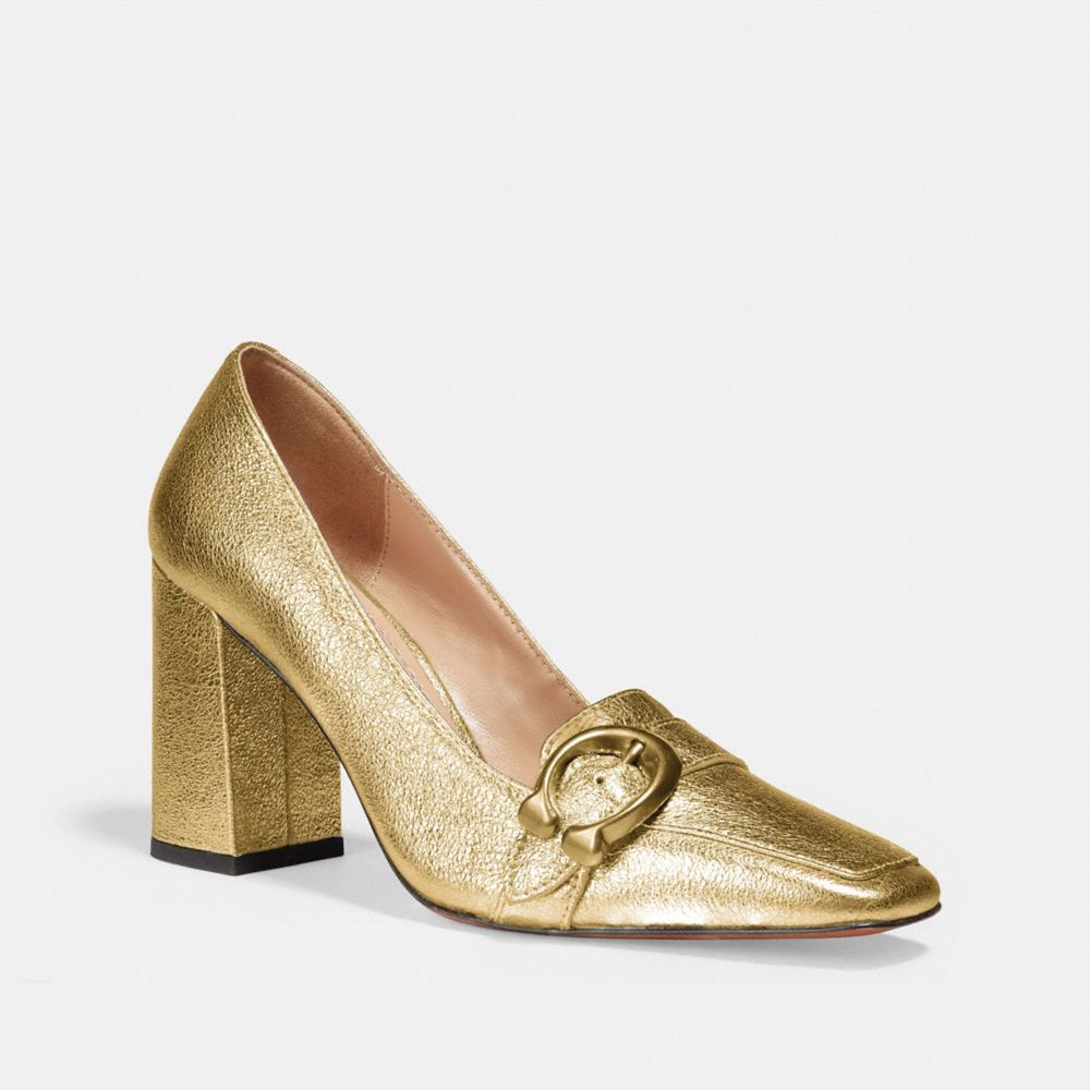 COACH®,JADE LOAFER,Metallic Leather,Gold,Front View