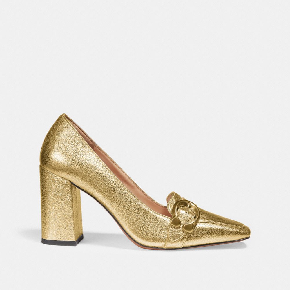 COACH®,JADE LOAFER,Metallic Leather,Gold,Angle View