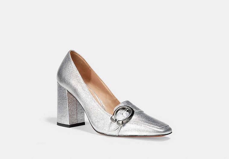 COACH®,JADE LOAFER,Metallic Leather,Silver,Front View