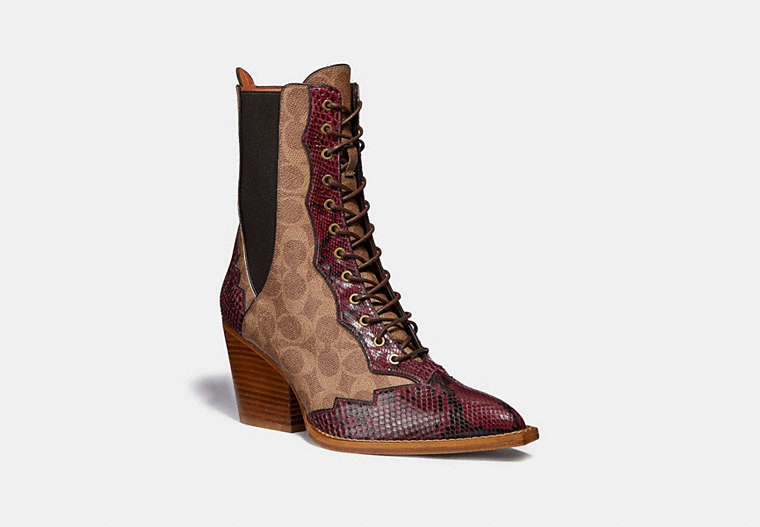 COACH®,LACE UP BOOTIE IN SIGNATURE CANVAS WITH SNAKE DETAIL,Mixed Material,Tan,Front View