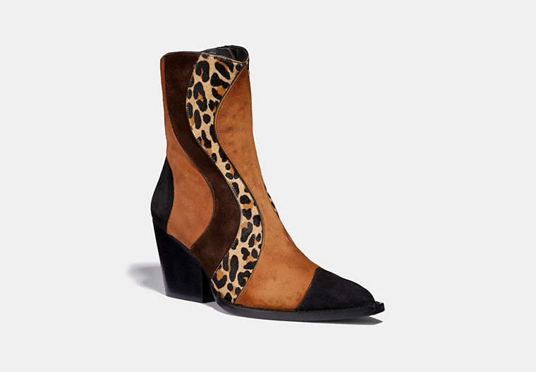 COACH®,PATCHWORK BOOTIE WITH LEOPARD PRINT,Mixed Material,Black/Cedar/Natural/Espresso,Front View