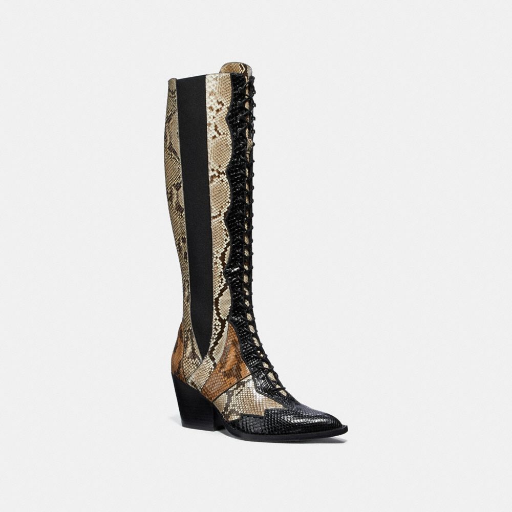 COACH®,LACE UP BOOT WITH PATCHWORK SNAKE,Python,Black/Cuoio/Roccia,Front View