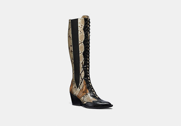 COACH®,LACE UP BOOT WITH PATCHWORK SNAKE,Python,Black/Cuoio/Roccia,Front View