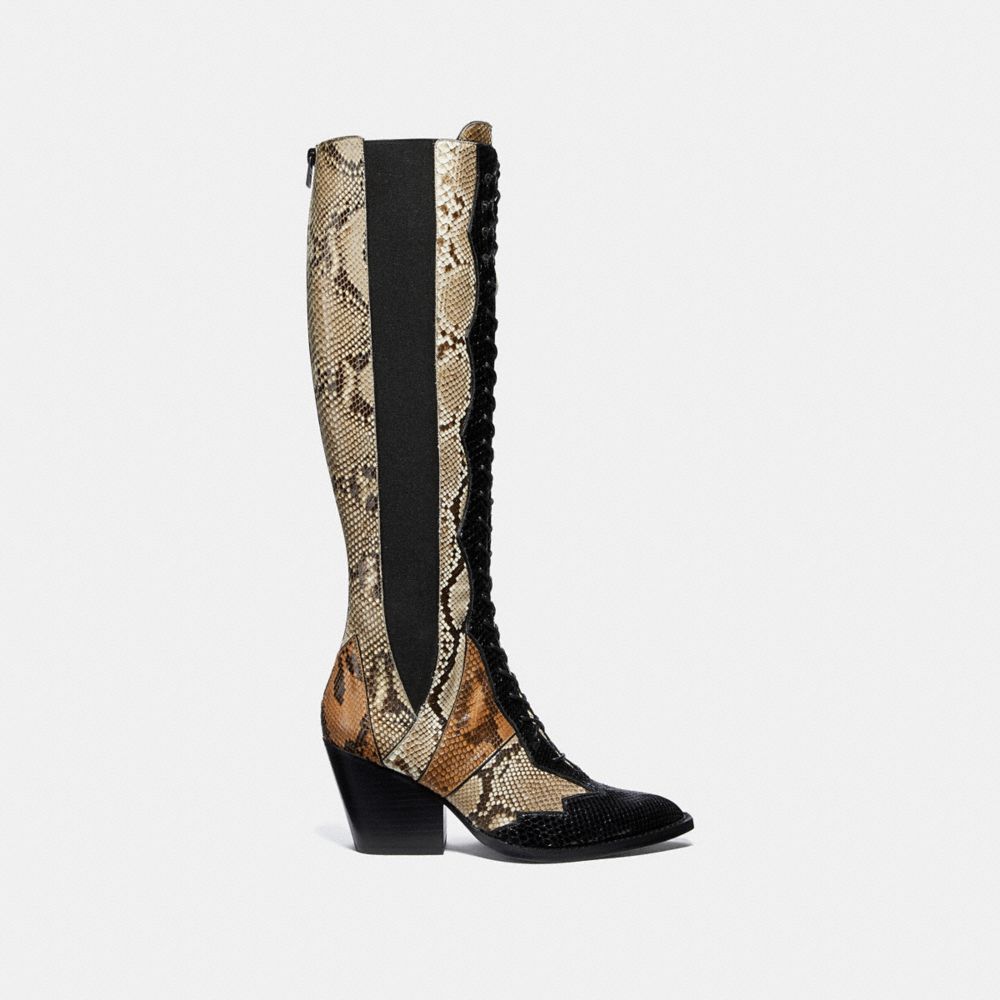 COACH®,LACE UP BOOT WITH PATCHWORK SNAKE,Python,Black/Cuoio/Roccia,Angle View