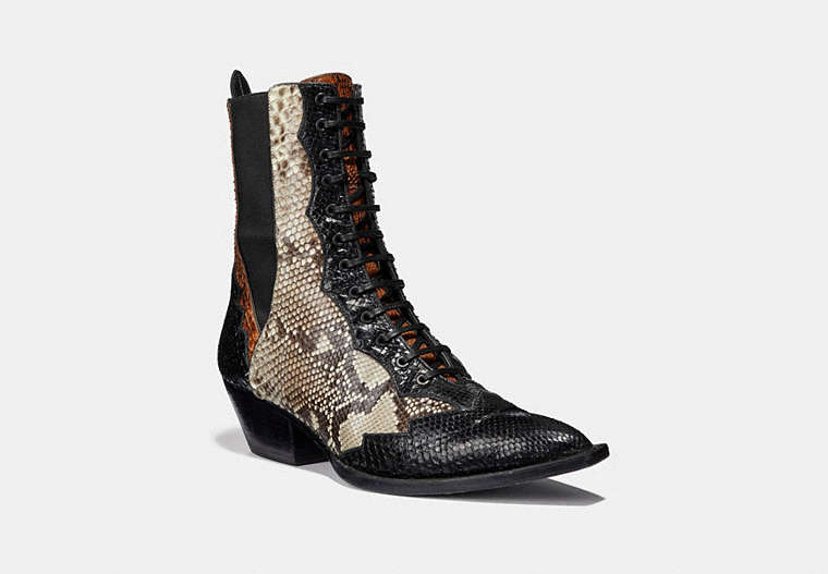 Lace Up Bootie With Patchwork Snake
