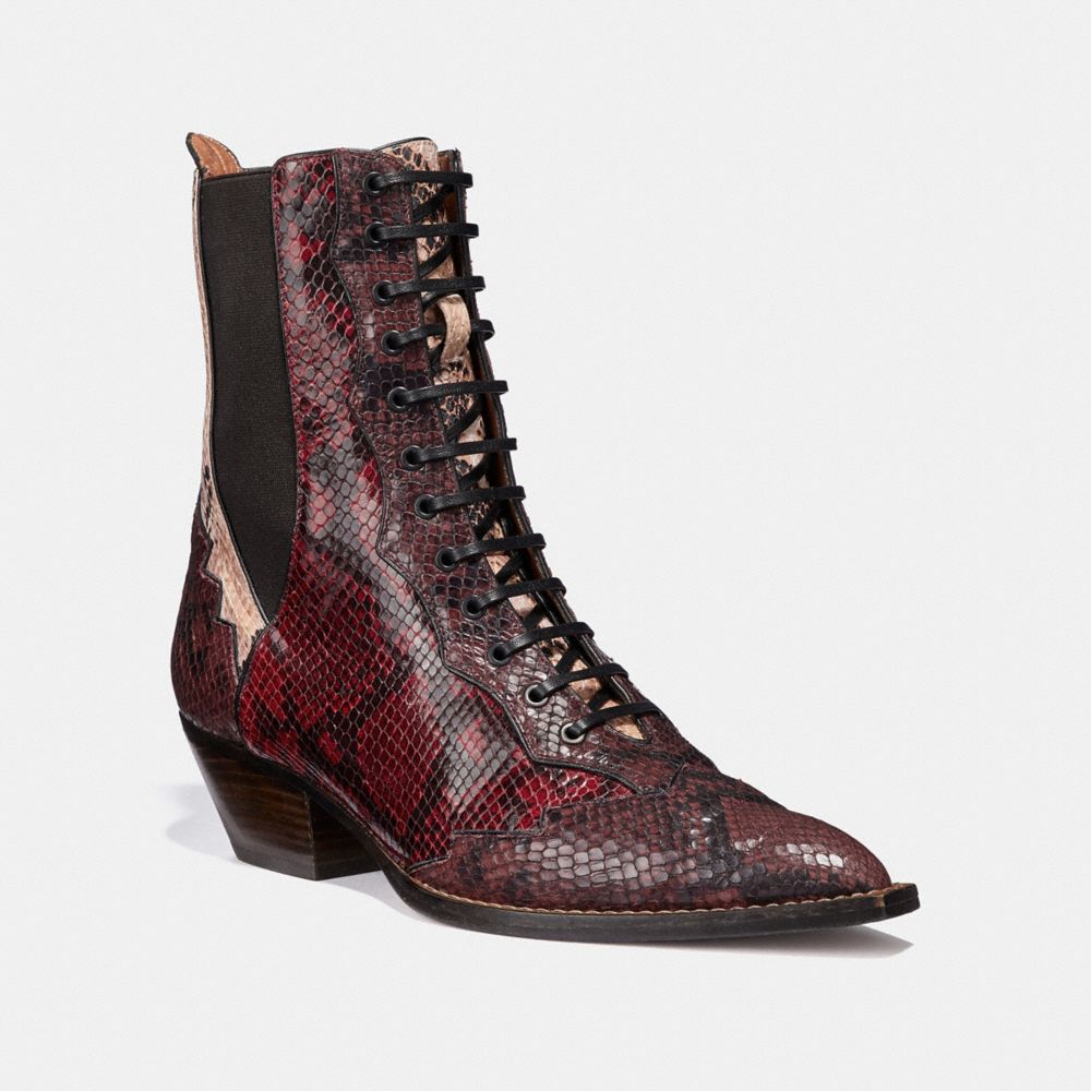 Lace Up Bootie With Patchwork Snake